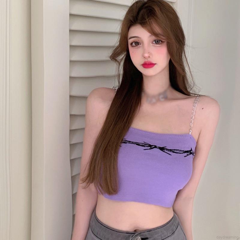 Áo Croptop Dệt Kim Phối Dây Xích Thiết Kế Quyến Rũ Cho Nữ