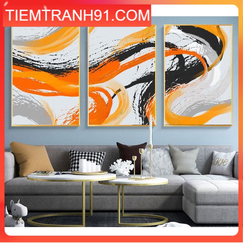 Tranh treo tường | Tranh bộ 3 bức trừu tượng ink splash painting, instant download, black orange