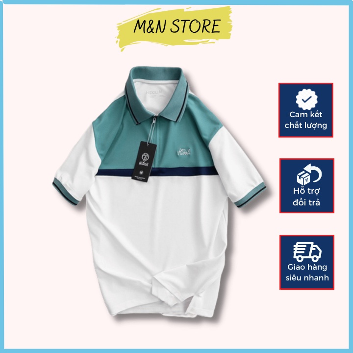 Áo thun Polo nam thiết kế phối xanh vải cotton cá sấu thoáng mát trẻ trung