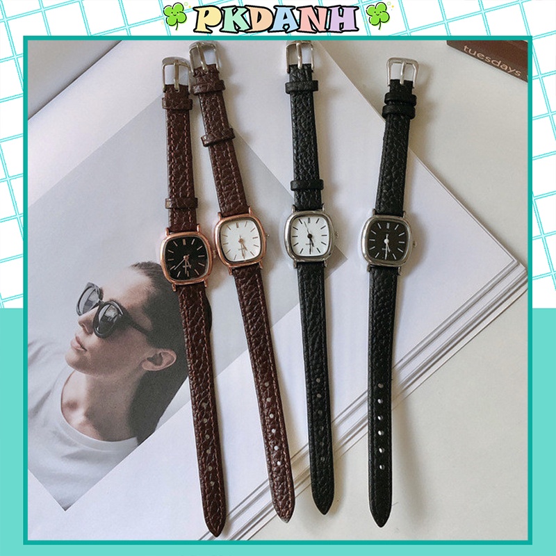 Đồng hồ thời trang nữ dây da mặt vuông đeo tay unisex phong cách hàn quốc
