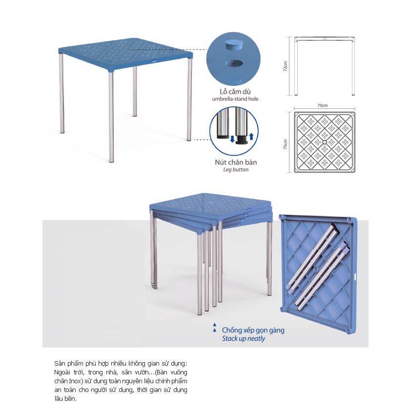 Bàn nhựa vuông chân inox cao cấp Duy Tân ( 75 x 75 x 72 cm) | BigBuy360 - bigbuy360.vn