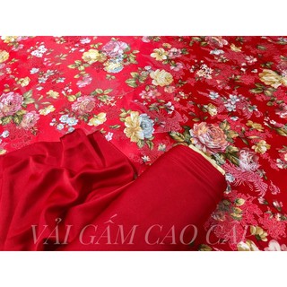 Vải gấm hoa hồng đỏ