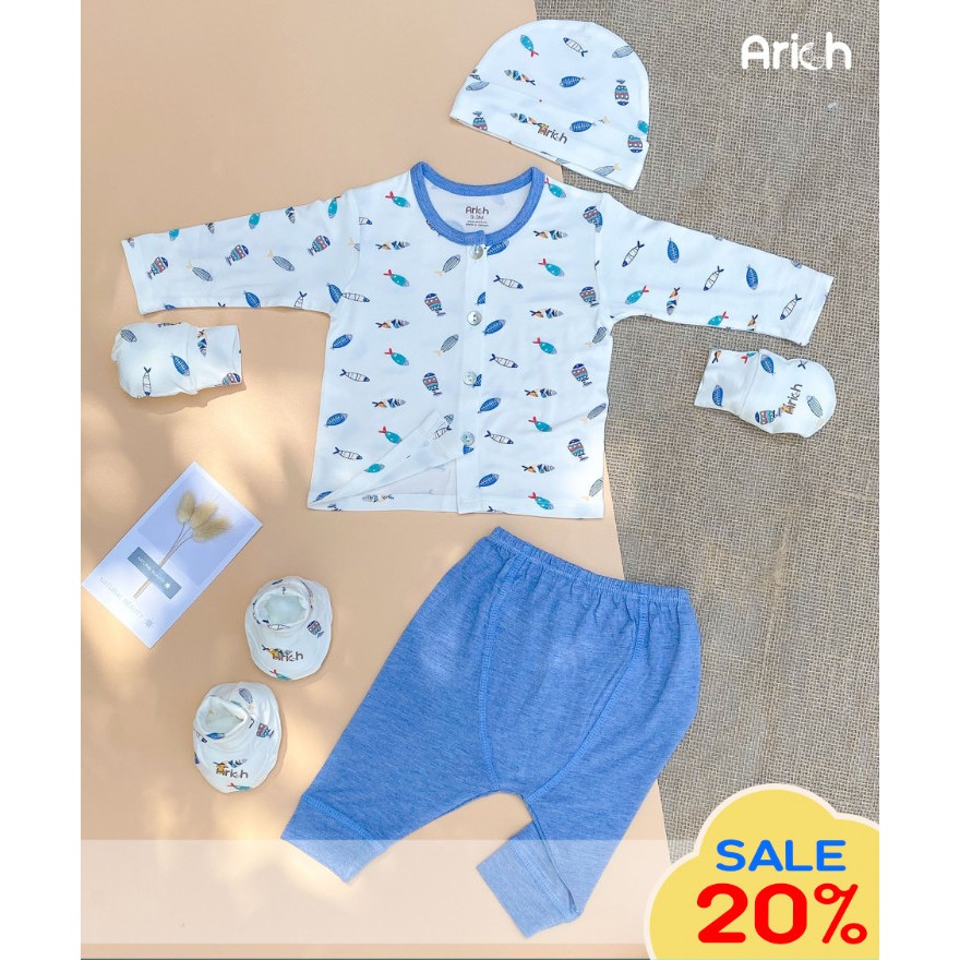 Set quần áo Arich - mũ Arich - bao tay bao chân Arich vải sợi tre size newborn