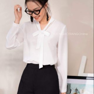Áo sơ mi trắng nữ cổ nơ phối ren, hàng thiết kế chính hãng Xưởng áo trắng( có size XL)
