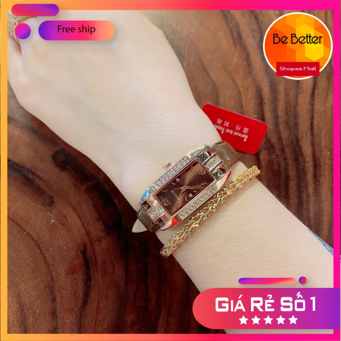 Đồng hồ  Nữ ❤️Bolun❤️ dây da mặt vuông đính hạt sang trọng rẻ nhất HCM