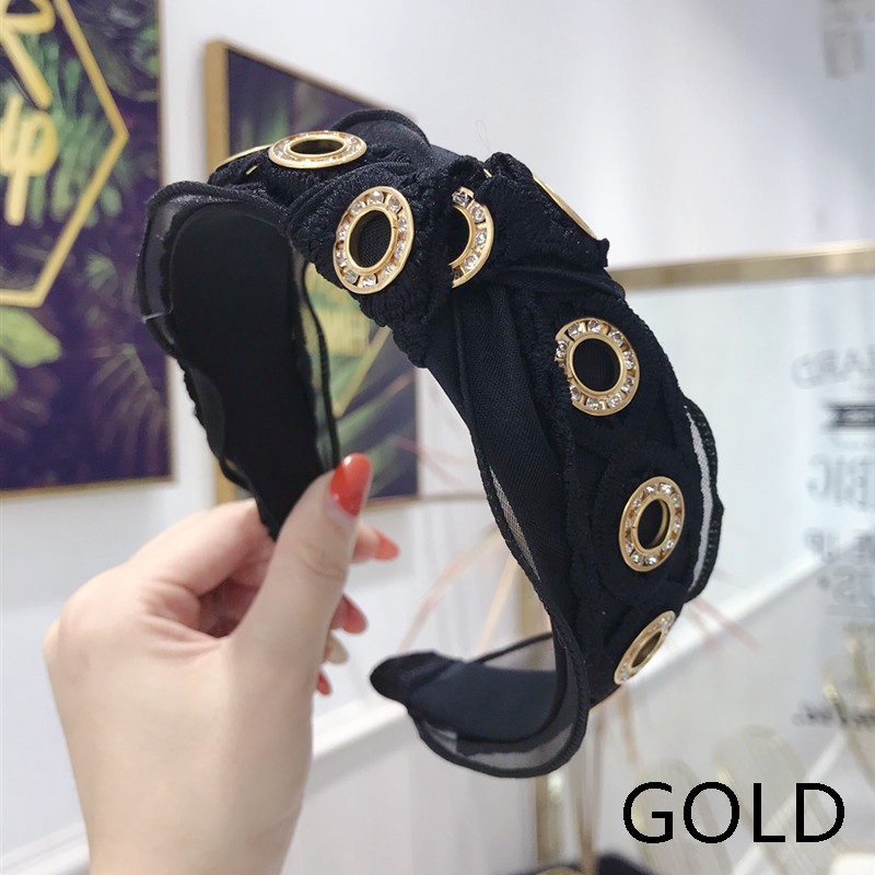 Korean New High-end Hollow Rhinestone Headband Bud Silk Yarn Knotted Wide-brimmed Woman Hair Band