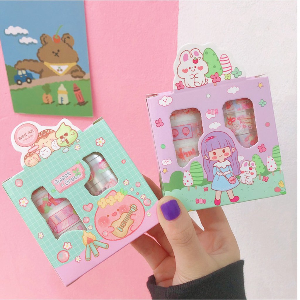 Hộp Washi Tape Cute Băng Dán Trang Trí Xinh Nhiều Họa Tiết Dễ Thương Loại 8 Cuộn Bóng Và Nhũ Kim Tuyến