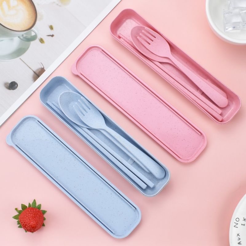 Bộ đũa thìa muỗng dĩa cá nhân văn phòng làm bằng lúa mạch tặng kèm hộp đựng