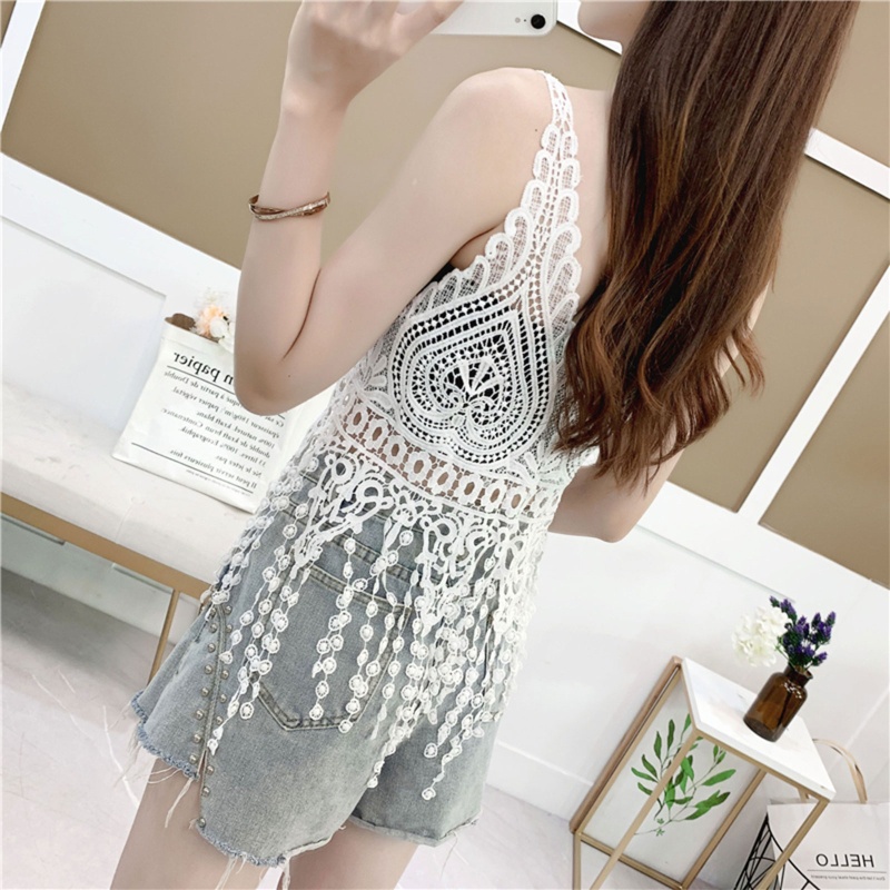 Xiangbao Áo Vest Dệt Kim Thủ Công Hở Lỗ Cổ Chữ V Phối Tua Rua Thời Trang Đi Biển Mùa Hè Cho Nữ f