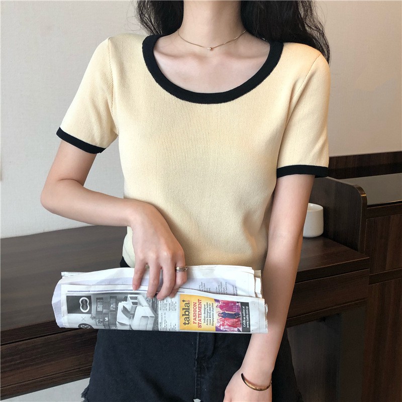 Áo croptop len viền tay ngắn freesize hàng Quảng Châu đơn giản trẻ trung cho nữ | BigBuy360 - bigbuy360.vn