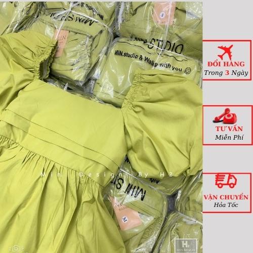 Váy thô nữ xanh babydoll tiểu thư tay phồng cổ vuông nơ lưng ulzzang Hàn Quốc yolo fashion