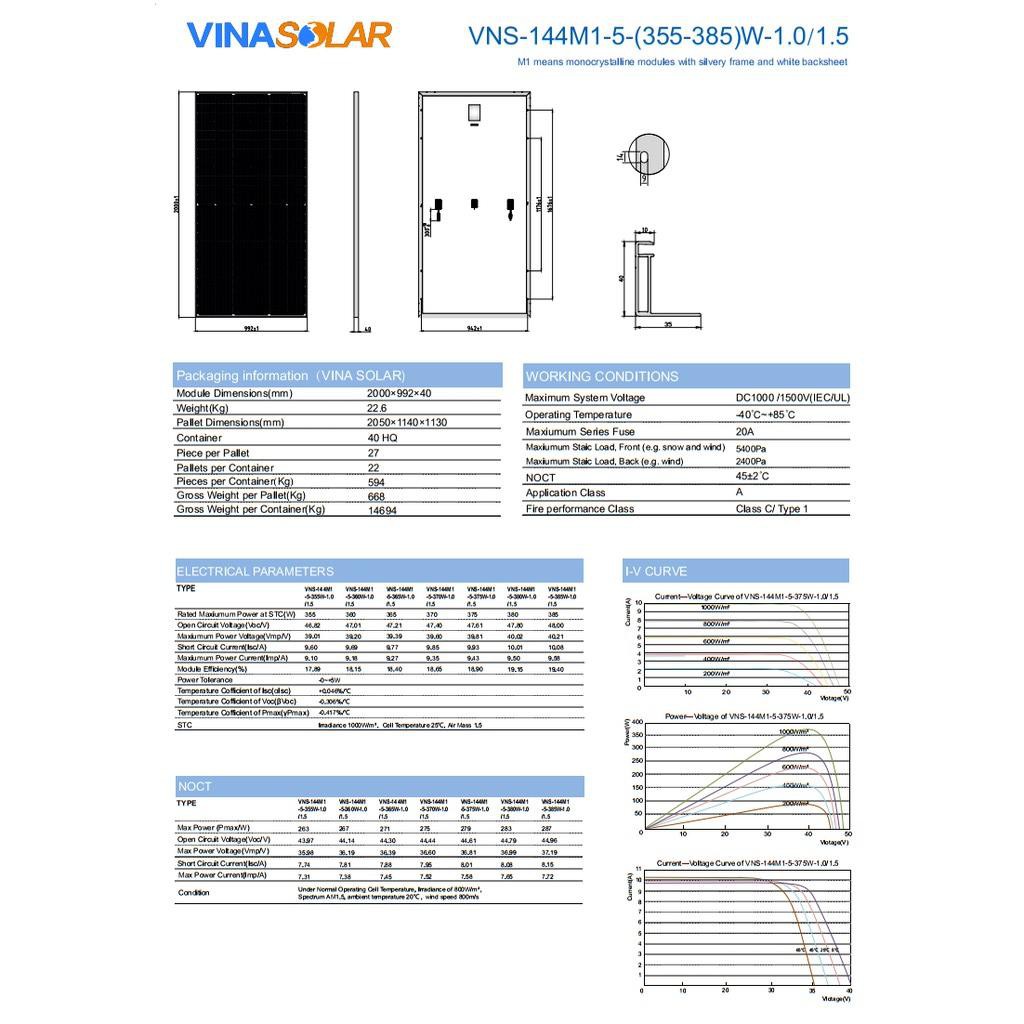 Tấm pin năng lượng mặt trời Vina Solar 390W mono haft cell  VNS-144M1-5-390W Grade B