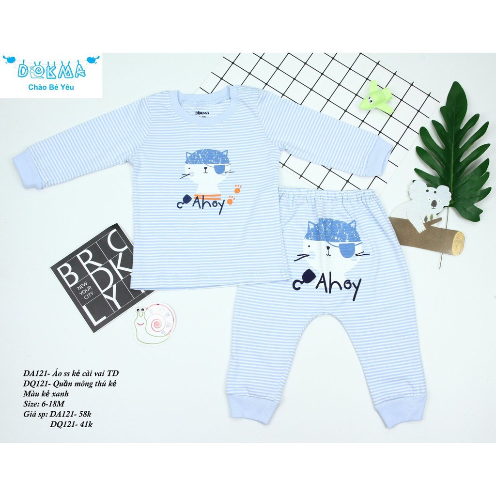 Dokma - Bộ ss dài tay vải mỏng cài vai kẻ (6-18m) DA121