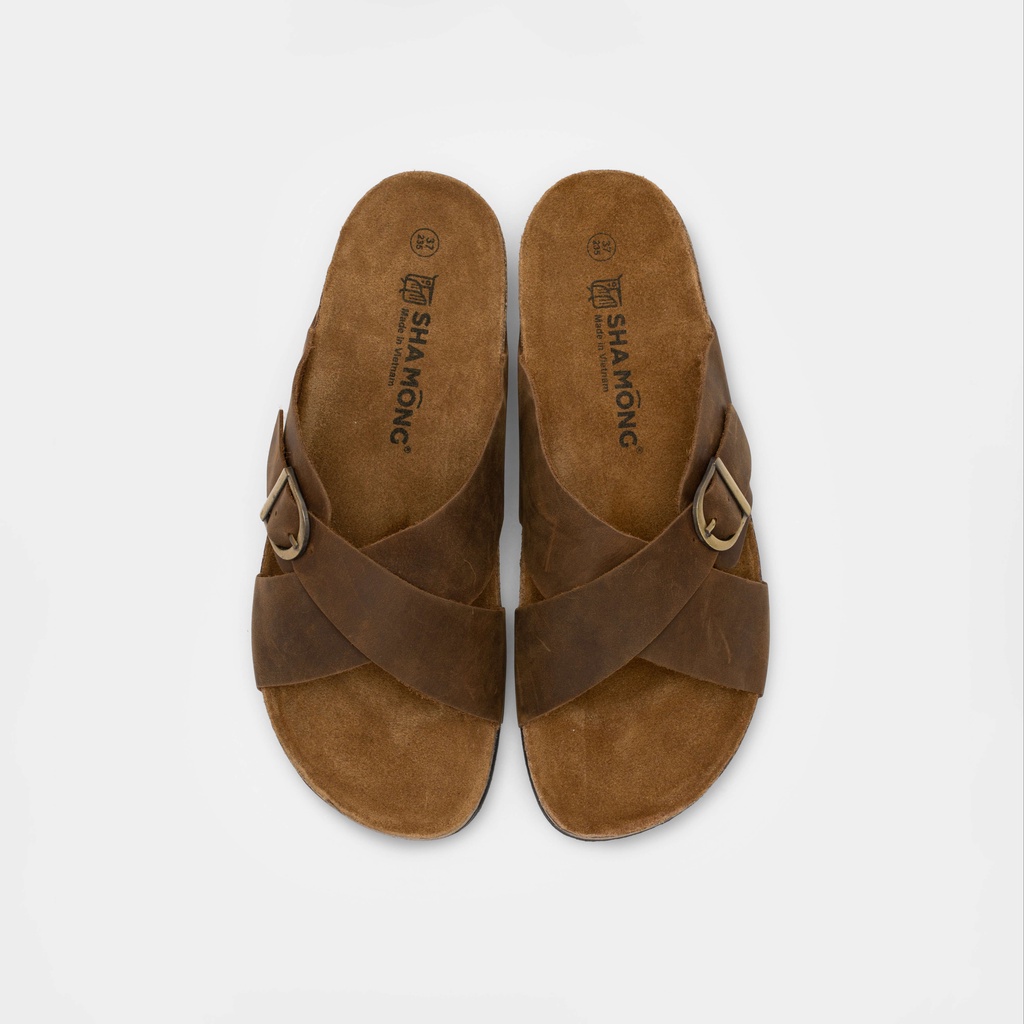Dép đế trấu quai chéo da thật by Shamong vintage made in Vietnam bảo hành 1 năm mã DDT