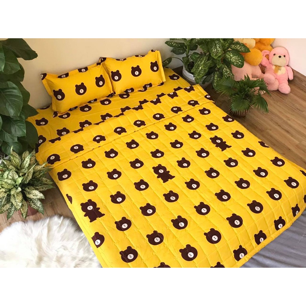 Bộ ga chun và 2 áo gối nằm Emmidecor - mẫu Gấu vàng, drap cotton poly