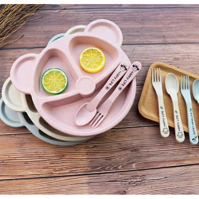 Khay ăn dặm, Khay gấu kèm thìa và dĩa, chất liệu lúa mạch an toàn cho bé