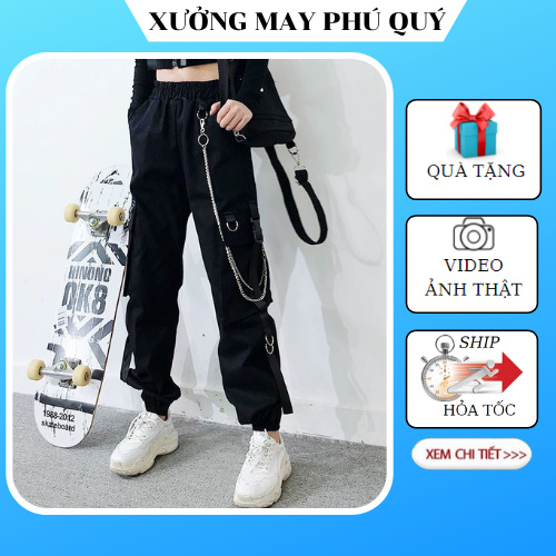 Quần jogger kaki túi hộp khuy kèm dây xích, Quần thể thao bo chun Unisex thời trang năng động