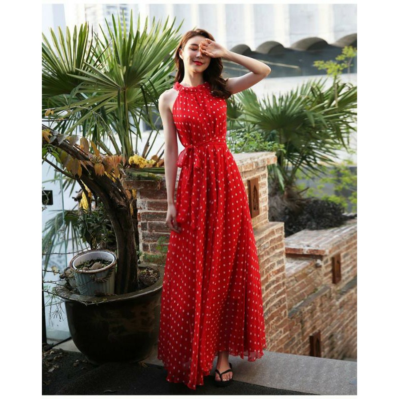 Đầm maxi chấm bi chiffon không tay, váy xòe đi biển du lịch có bigsize - HNG