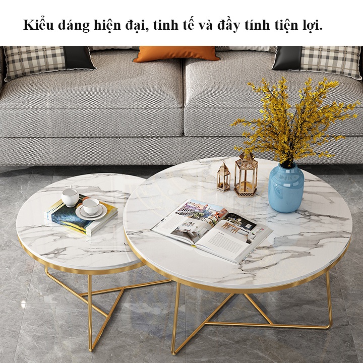 Bàn trà đôi tròn phòng khách mặt đá cẩm thạch, bàn uống nước bắc âu hiện đại