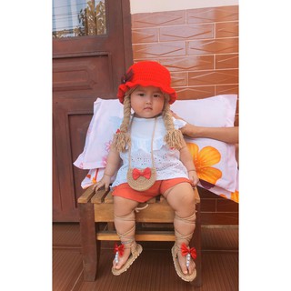 Nón len tông đỏ có 2 bím tóc cho bé gái - Dương liễu handmade
