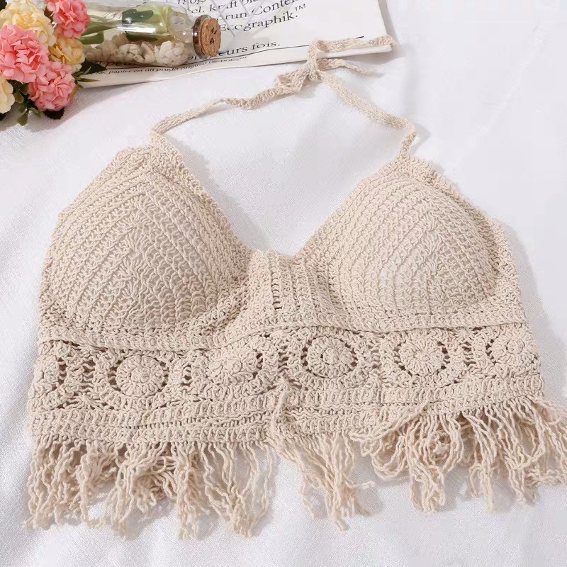 HH15-set biển 3 món - bra hoa tròn tua rua + quần ren hoạ tiết đồng xu + choàng ren hạt gạo tay loe