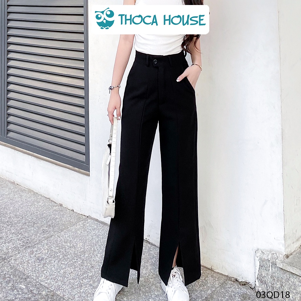 Quần tây đen ống rộng xẻ lai trơn cạp cao THOCA HOUSE thời thượng tôn dáng và chân dài cho nữ