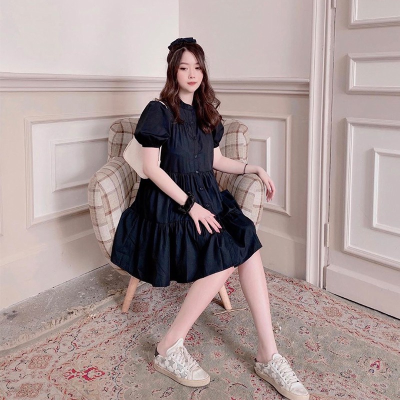 Váy babydoll xòe vai phồng 4 tầng cổ tàu chống nhăn đen tingoan BLOW ME DRESS/BL | BigBuy360 - bigbuy360.vn