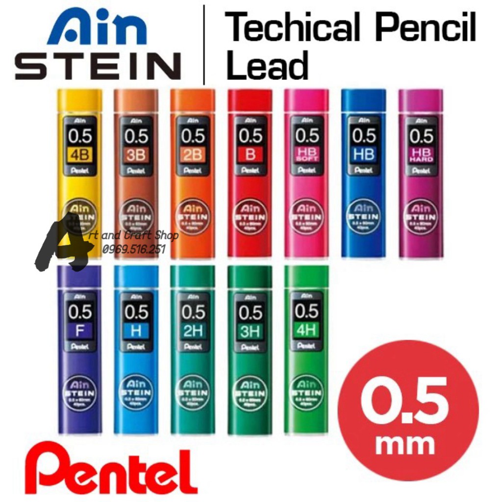 Ruột chì 0.5mm 2B,Ngòi chì Pentel Ain Stein 0.5mm 2B/3B/4B  (Hộp 40 ruột)