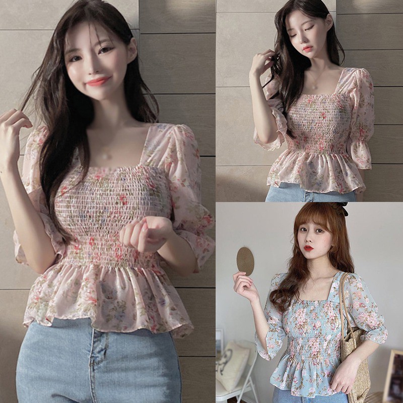 Áo Kiểu Chất Chiffon Tay Ngắn Cổ Vuông Hoạ Tiết Hoa Nữ Tính