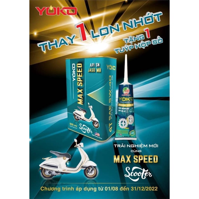 Dầu nhớt tổng hợp xe tay ga Yoko Maxspeed Scooter 5W-40 800ml tặng 1 láp Yoko 120ml