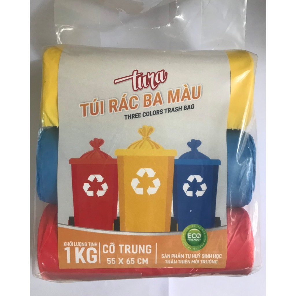 Túi 3 Cuộn Rác Ba Màu Tự Hủy Sinh Học 64cm x 78cm- 1kg