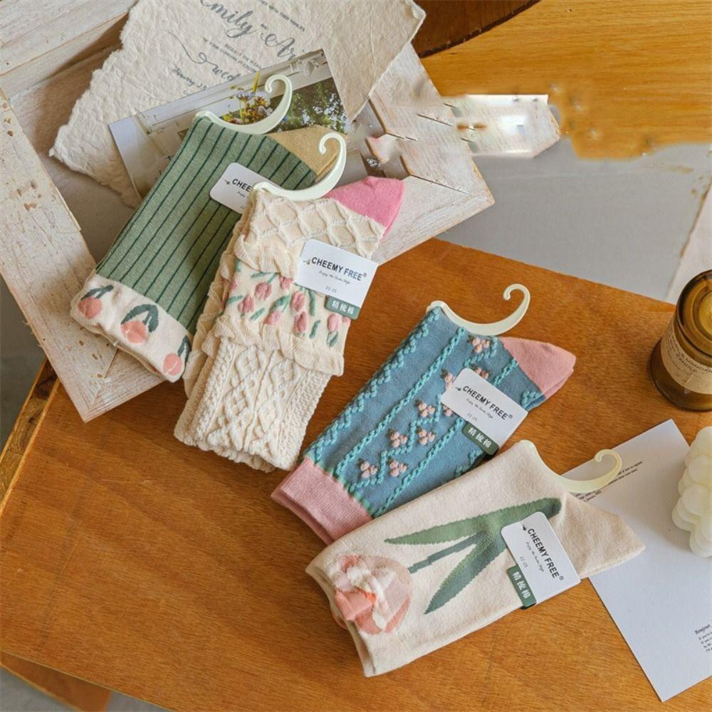 AROMA Vớ Cổ Trung Họa Tiết Hoa Tulip Mềm Mại Ấm Áp Hợp Thời Trang Cho Nữ