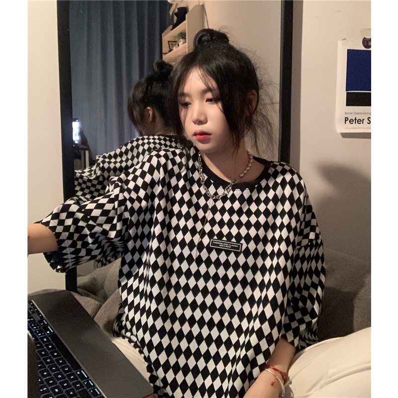 Áo Thun Nữ Ngắn Tay Cổ Tròn Họa Tiết Caro Phong Cách Harajuku retro