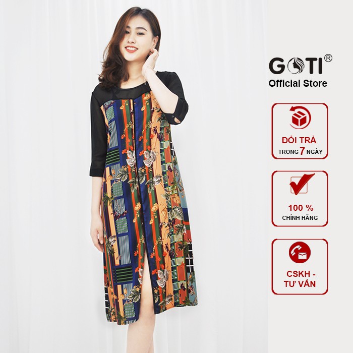 GOTI - Đầm Trung Niên Cao Cấp Dáng Suông Dài Rộng, Có Túi, Cổ Tròn, Tay Lỡ, Vải Lụa Cao Cấp In Hoa Tiết Hoa Lá 3071