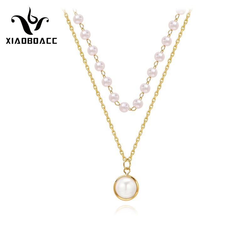 XiaoboACC Dây Chuyền Mạ Vàng 14k Hai Lớp Đính Ngọc Trai Nhân Tạo Phong Cách Hàn Quốc