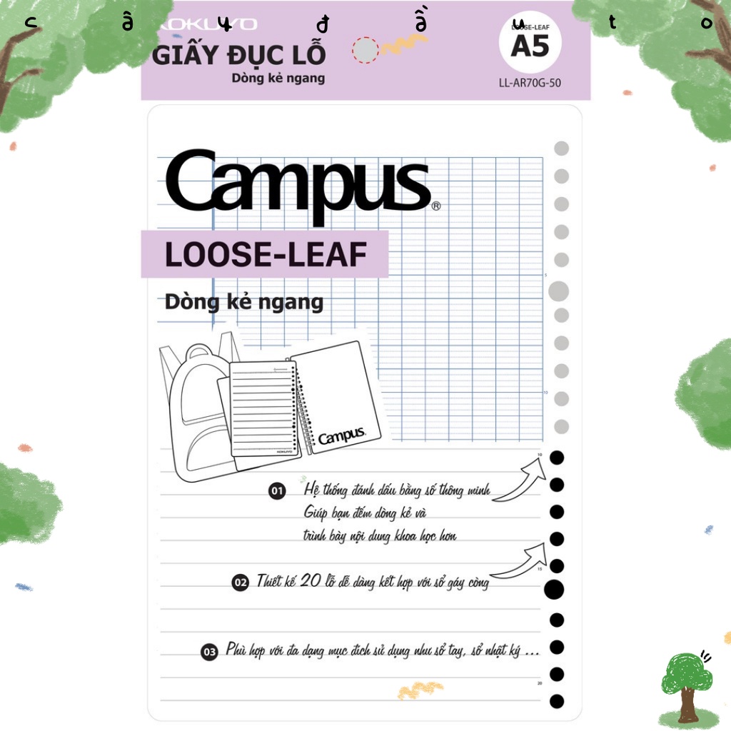 Set 50 Giấy Refill Thay Lõi Cho Còng Binder Campus Loose Leaf Khổ A5 Cây Đầu To