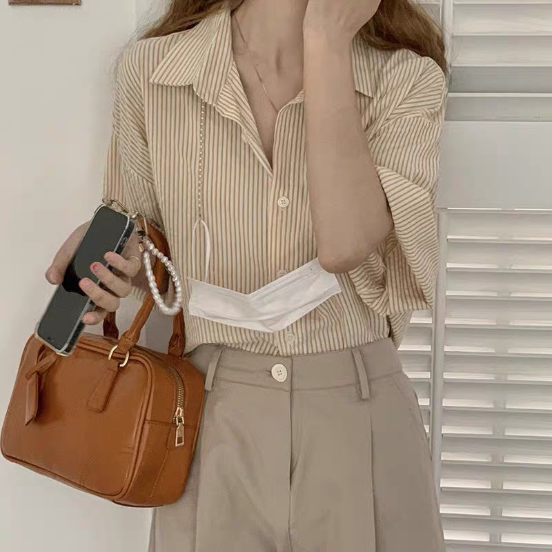 A032 áo sơ mi nữ ngắn tay kẻ các màu chất xốp form rộng oversize hè thu dáng thụng cộc tay lỡ đi học đi chơi