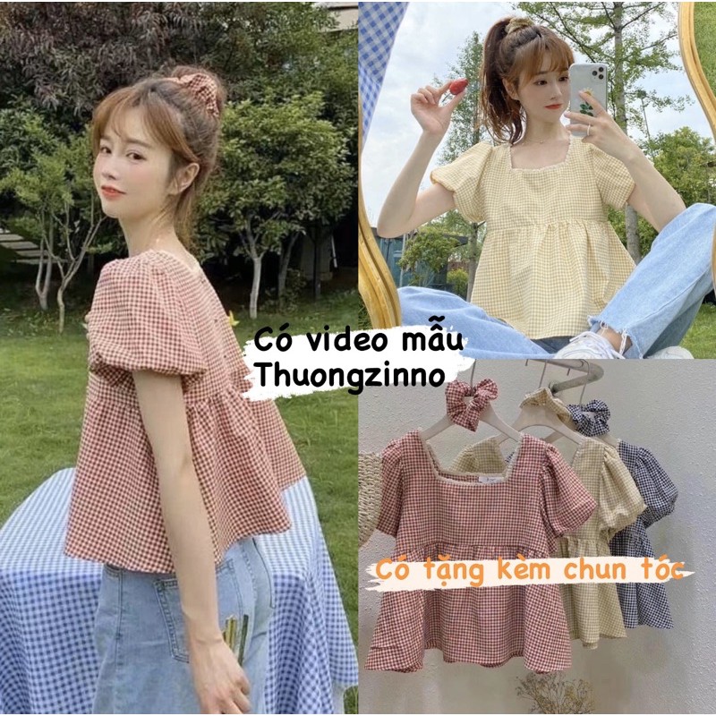 [Ảnh thật/Video] Áo babydoll caro kèm thun buộc tóc