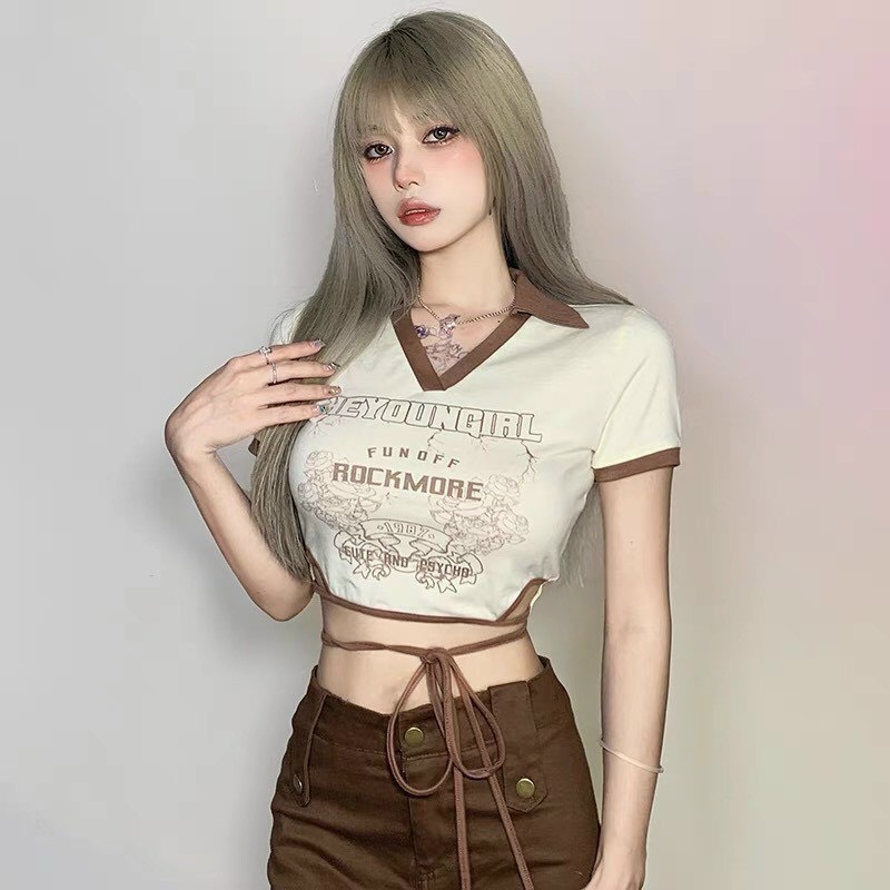 Áo croptop nữ có cổ viền thêu chữ hoa cột dây eo cực đẹp cho cô nàng năng động na
