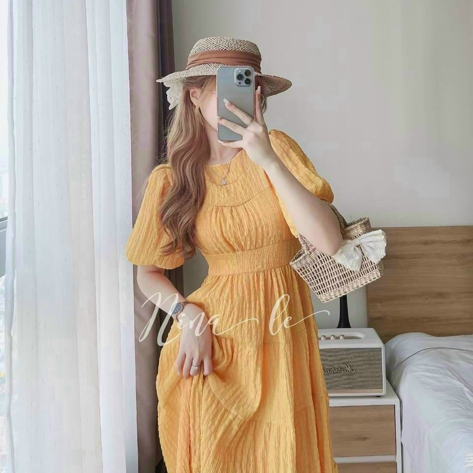 Đầm Nữ Thời Trang Mặc Đi Chơi, Đầm Xốp Phồng Cổ Tròn Tay Ngắn Xếp Ly 4 Màu Xinh Xắn