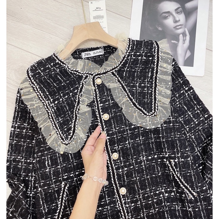 ÁO KHOÁC DẠ CARO TWEED PHỐI BÈO CÚC NGỌC SIÊU XINH XẮN / ÁO DẠ TWEED BÈO ĐEN | BigBuy360 - bigbuy360.vn