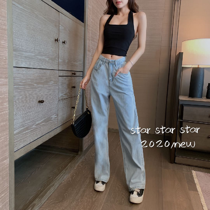 Quần jeans dài ống rộng phong cách Hàn Quốc cá tính cho nữ