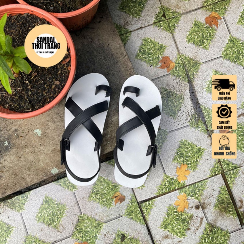 Dép quai hậu nữ nam, SANDALTHOITRANG Dép sandal nữ xỏ ngón quai chéo  A24 Trắng Nâu/Đen full size 30-44