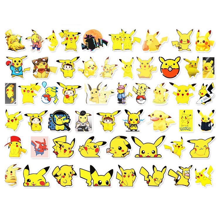[Bộ 50 Cái] Miếng sticker cute chủ đề Pikachu - dán nón bảo hiểm, vali, laptop loại chống nước - M006