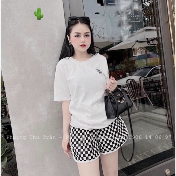 set bộ áo thun thêu gấu vuông quần đùi ô vuông p