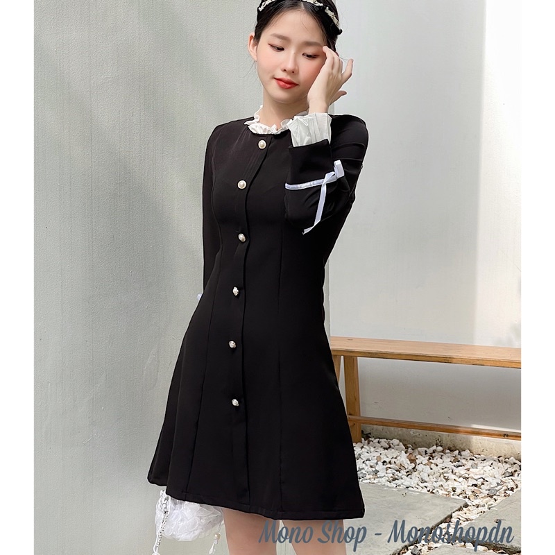 Đầm suông đen nút đính dọc cổ bèo tay xếp ly cột nơ xinh xinh Ảnh thật/ sẵn