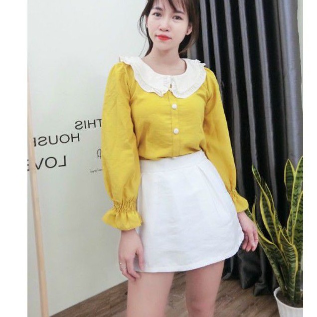Áo Kiểu Nữ Dài Tay, Đính Khuy Bọc, Cổ Sen Tiểu Thư Xinh Xắn