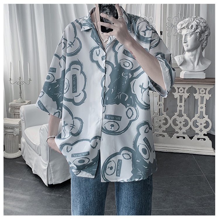 Áo Sơ Mi Cotton Tay Ngắn Dáng Rộng In Hình Gấu Thời Trang Phong Cách Hip Hop Hàn Quốc Cho Nam Size M-3Xl 3 Màu Tùy Chọn | BigBuy360 - bigbuy360.vn