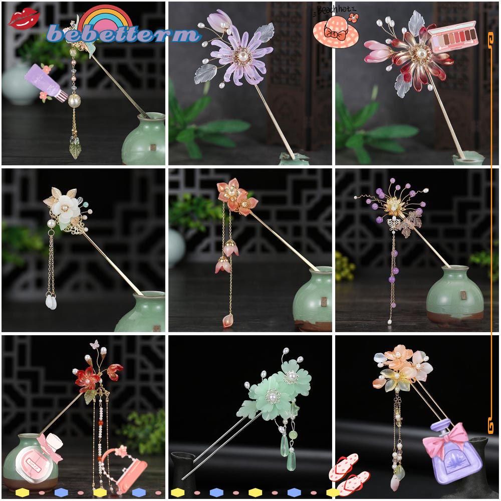 Trâm Cài Tóc Bằng Gỗ Mun Đính Hoa Phối Tua Rua Phong Cách Retro Cho Nữ