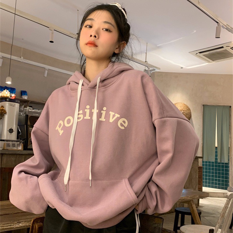 Áo hoodie nữ có mũ POSITIVE form rộng 2 màu xinh xắn/ Áo nỉ mặc thu đông tay bồng có túi trước trẻ trung_xuongmaythuhien | BigBuy360 - bigbuy360.vn